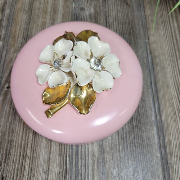 Vintage Powder or Trinket Box, Pink Ceramic Round, Flowers & Rhinestones - Picture 2 of 7
